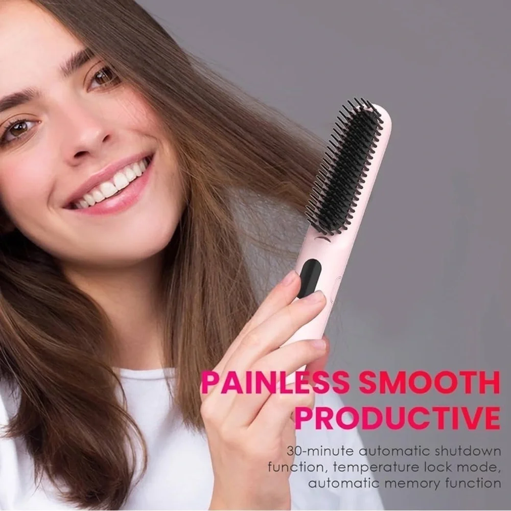Pink Mini Hair Straightener Brush Comb 3 Temp Settings & Dual Voltage #HA4